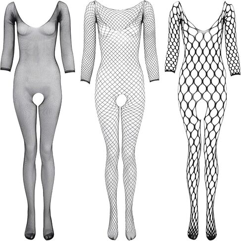 3Pcs Womens Fishnet Bodysuit, Rave Outfits, Backless Bodystocking Sexy Tights Soft Nightwear Lingerie Long Sleeve Full Body Bodysuits Jumpsuit One Size (Black) in Saudi Arabia