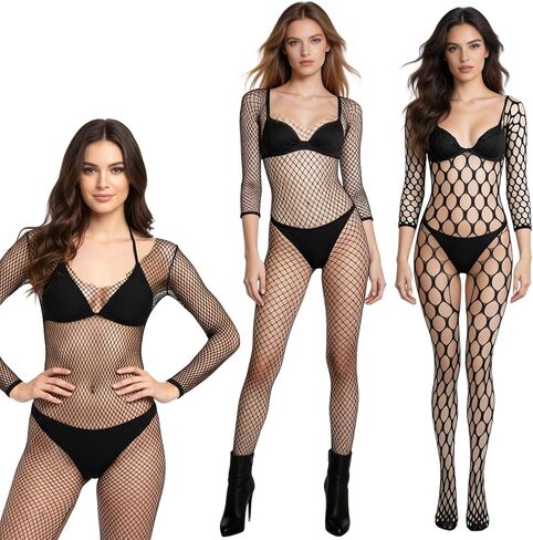 3Pcs Womens Fishnet Bodysuit, Rave Outfits, Backless Bodystocking Sexy Tights Soft Nightwear Lingerie Long Sleeve Full Body Bodysuits Jumpsuit One Size (Black) in Saudi Arabia