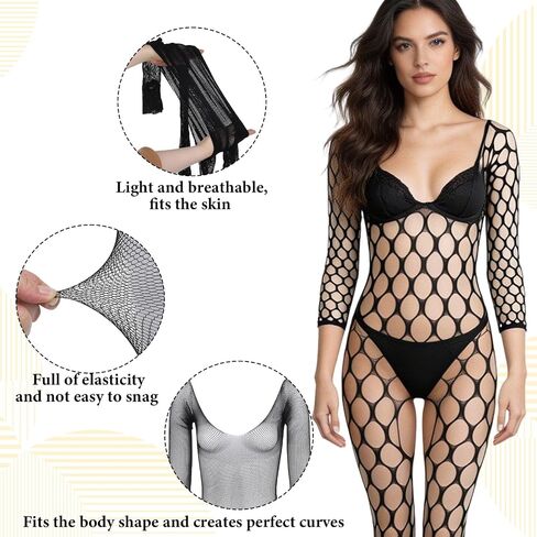 3Pcs Womens Fishnet Bodysuit, Rave Outfits, Backless Bodystocking Sexy Tights Soft Nightwear Lingerie Long Sleeve Full Body Bodysuits Jumpsuit One Size (Black) in Saudi Arabia