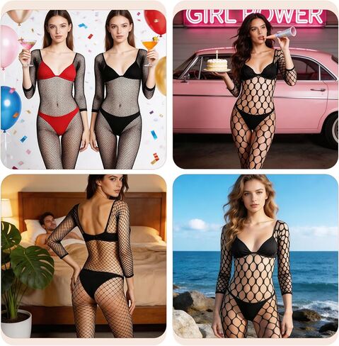 3Pcs Womens Fishnet Bodysuit, Rave Outfits, Backless Bodystocking Sexy Tights Soft Nightwear Lingerie Long Sleeve Full Body Bodysuits Jumpsuit One Size (Black) in Saudi Arabia