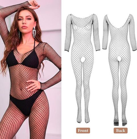 3Pcs Womens Fishnet Bodysuit, Rave Outfits, Backless Bodystocking Sexy Tights Soft Nightwear Lingerie Long Sleeve Full Body Bodysuits Jumpsuit One Size (Black) in Saudi Arabia