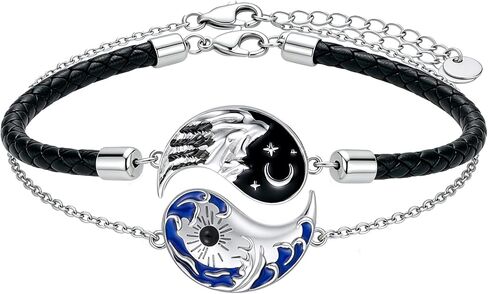 Yin Yang Couple Bracelet 925 Sterling Silver Sun & Moon Adjustable 7+2 Inch Friendship Jewelry Gift for Him & Her in Kuwait