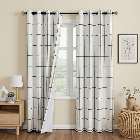 MYSKY HOME 100% Blackout Navy Blue Plaid Linen Farmhouse Curtains 84 Inches Long 2 Panels Set Double Layer Thermal Insulated Checkered Patterned Drapes for Living Room Bedroom, W52 Each Panel in Saudi Arabia