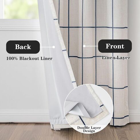 MYSKY HOME 100% Blackout Navy Blue Plaid Linen Farmhouse Curtains 84 Inches Long 2 Panels Set Double Layer Thermal Insulated Checkered Patterned Drapes for Living Room Bedroom, W52 Each Panel in Saudi Arabia