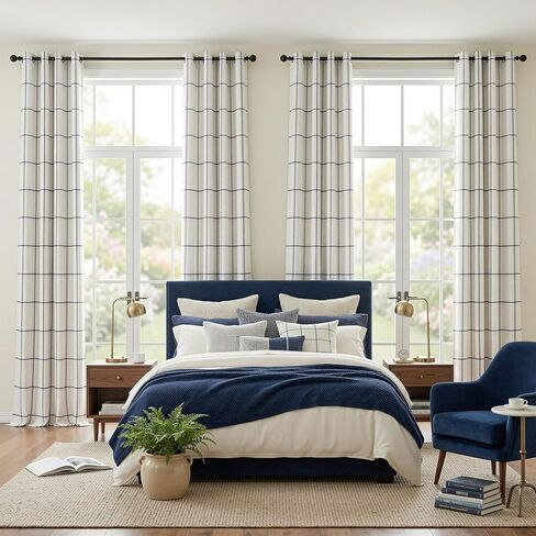 MYSKY HOME 100% Blackout Navy Blue Plaid Linen Farmhouse Curtains 84 Inches Long 2 Panels Set Double Layer Thermal Insulated Checkered Patterned Drapes for Living Room Bedroom, W52 Each Panel in Saudi Arabia