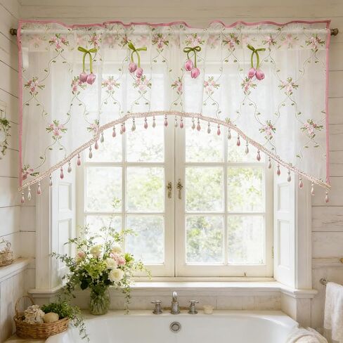 Romantic Floral Sheer Curtain Valance with Beaded Vintage Pink Tulip Embroidery Light Filtering Voile Window Valance for Kitchen Bathroom Bedroom Room Divider Rod Pocket Top 1 Panel W39 x L24 Inch in Saudi Arabia