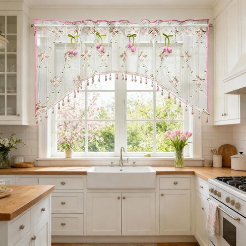 Romantic Floral Sheer Curtain Valance with Beaded Vintage Pink Tulip Embroidery Light Filtering Voile Window Valance for Kitchen Bathroom Bedroom Room Divider Rod Pocket Top 1 Panel W39 x L24 Inch in Saudi Arabia