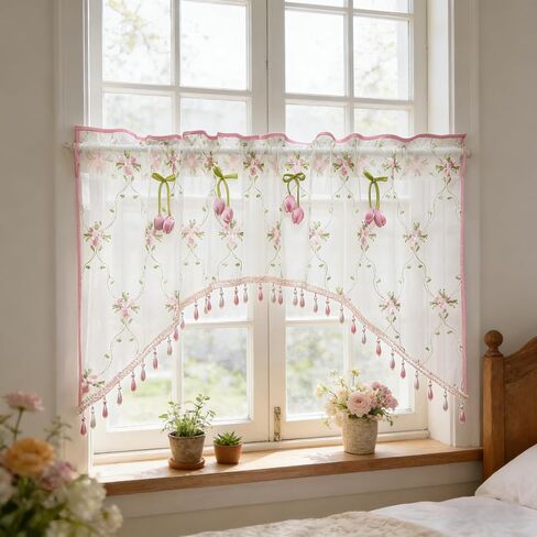 Romantic Floral Sheer Curtain Valance with Beaded Vintage Pink Tulip Embroidery Light Filtering Voile Window Valance for Kitchen Bathroom Bedroom Room Divider Rod Pocket Top 1 Panel W39 x L24 Inch in Saudi Arabia