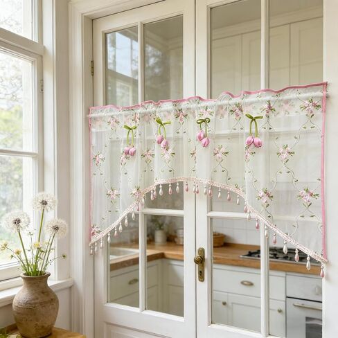 Romantic Floral Sheer Curtain Valance with Beaded Vintage Pink Tulip Embroidery Light Filtering Voile Window Valance for Kitchen Bathroom Bedroom Room Divider Rod Pocket Top 1 Panel W39 x L24 Inch in Saudi Arabia
