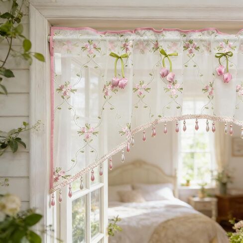 Romantic Floral Sheer Curtain Valance with Beaded Vintage Pink Tulip Embroidery Light Filtering Voile Window Valance for Kitchen Bathroom Bedroom Room Divider Rod Pocket Top 1 Panel W39 x L24 Inch in Saudi Arabia