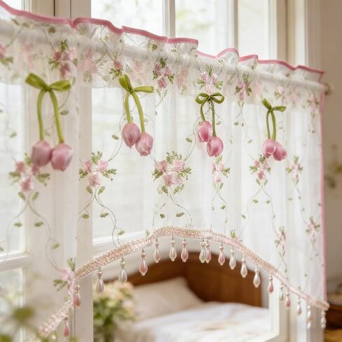 Romantic Floral Sheer Curtain Valance with Beaded Vintage Pink Tulip Embroidery Light Filtering Voile Window Valance for Kitchen Bathroom Bedroom Room Divider Rod Pocket Top 1 Panel W39 x L24 Inch in Saudi Arabia
