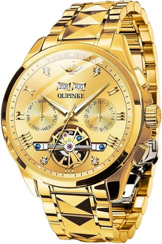 OUPINKE Mens Watches Skeleton Automatic Mechanical Premium with Calendar Sapphire Crystal Tungsten Steel Waterproof Wrist Watch in Saudi Arabia