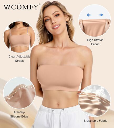 VRCOMFY Strapless Bras for Women Wireless Non-Padded Bandeau Bra Seamless Non-Slip Invisible Bralette Including Clear Straps in Saudi Arabia