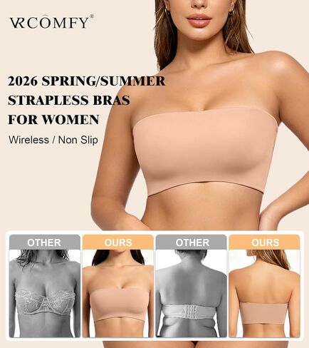 VRCOMFY Strapless Bras for Women Wireless Non-Padded Bandeau Bra Seamless Non-Slip Invisible Bralette Including Clear Straps in Saudi Arabia