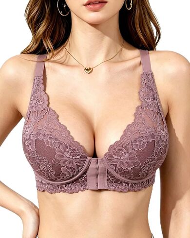 Women's Lace Front Closure Push Up Bra Padded Underwire Comfortable Supportive Everyday in Saudi Arabia