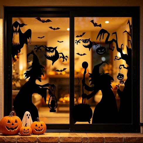 Halloween Decorations Window Clings Decorations Large Witches Cauldron Black Bats Pumpkin Ghost Stickers Decals Decor for Indoor School Home Office Party 3 Sheets in Saudi Arabia