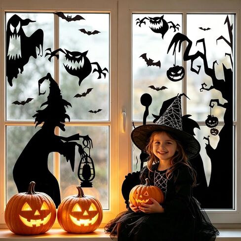 Halloween Decorations Window Clings Decorations Large Witches Cauldron Black Bats Pumpkin Ghost Stickers Decals Decor for Indoor School Home Office Party 3 Sheets in Saudi Arabia