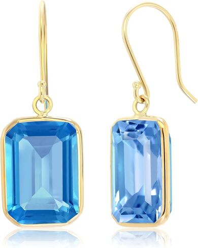 Gem Stone King 14K Yellow Gold London Blue Topaz Dangle French Wire Earrings For Women | 17.00 Cttw | Emerald Cut | Gemstone Birthstone | Fine Jewelry Gifts for Women Mom Wife Her in Saudi Arabia