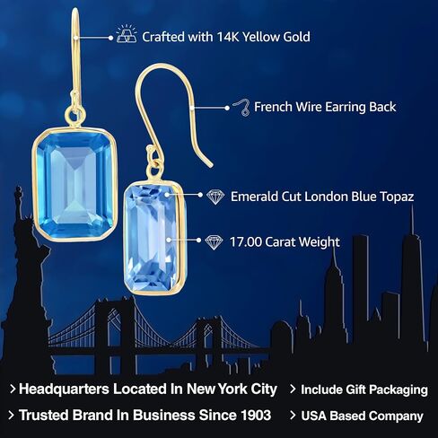 Gem Stone King 14K Yellow Gold London Blue Topaz Dangle French Wire Earrings For Women | 17.00 Cttw | Emerald Cut | Gemstone Birthstone | Fine Jewelry Gifts for Women Mom Wife Her in Saudi Arabia