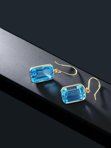 Gem Stone King 14K Yellow Gold London Blue Topaz Dangle French Wire Earrings For Women | 17.00 Cttw | Emerald Cut | Gemstone Birthstone | Fine Jewelry Gifts for Women Mom Wife Her in Saudi Arabia