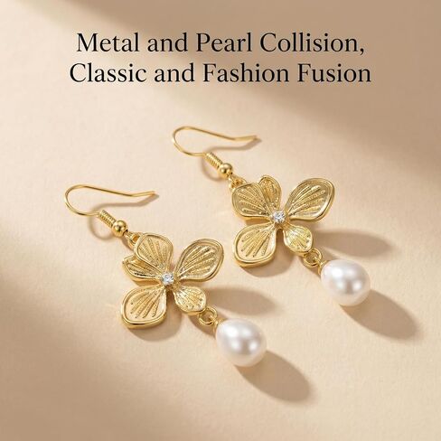 أقراط متدلية على شكل زهرة مطلية بالذهب من BELLA-Bee للنساء، أقراط متدلية مع اللؤلؤ، أقراط ذهبية مضادة للحساسية للأذنين الحساسة، هدايا مجوهرات أنيقة in Kuwait