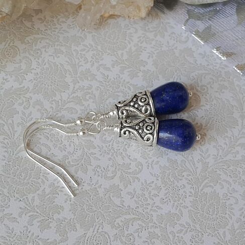 Lapis Lazuli Teardrop Earrings 925 Sterling Silver Hooks and Tibetan Silver Handmade Jewelry for Women in a Gift Box in Kuwait
