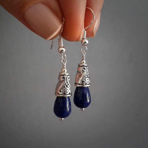 Lapis Lazuli Teardrop Earrings 925 Sterling Silver Hooks and Tibetan Silver Handmade Jewelry for Women in a Gift Box in Kuwait