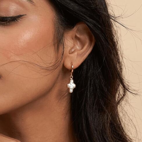 Natural Freshwater Pearl Cross Earrings for Women, Christian Cross Dangle Earrings Chunky with Baroque Pearls, 18K Gold Plated Religious Jewelry Earrings, Elegant Gift in Saudi Arabia