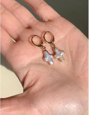 Natural Freshwater Pearl Cross Earrings for Women, Christian Cross Dangle Earrings Chunky with Baroque Pearls, 18K Gold Plated Religious Jewelry Earrings, Elegant Gift in Saudi Arabia