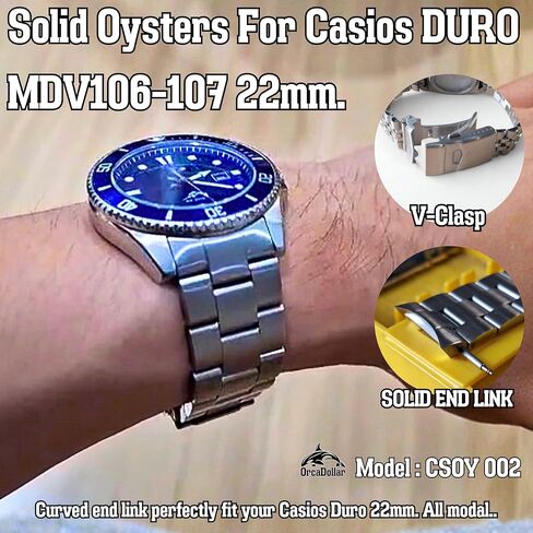 CSOY002 Solid Oysters Stainless Steel Bracelet for Casio Duro MDV106 / MDV107 – 1.8mm Spring Bar, V-Clasp Double Lock, Solid Curved End Link Fit Stainless Steel in Saudi Arabia