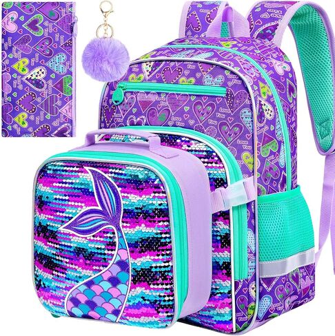 AGSDON 3PCS Mermaid Backpack for Girls, 16" Kids Bookbags Lightweight with Attachable Lunch Box, School Backpack for Kindergarten Elementary in Saudi Arabia