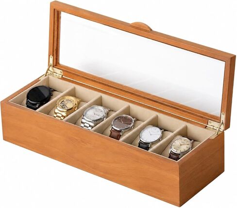 Clasin Home Watch Box for Men Women, 6 Slot Wooden Watch Display Case with Glass Lid, Vintage Style Watch Holder Organizer, Velvet Lining Scratch Resistant, Birthday Valentine Gifts in Saudi Arabia