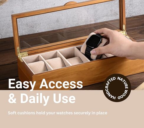 Clasin Home Watch Box for Men Women, 6 Slot Wooden Watch Display Case with Glass Lid, Vintage Style Watch Holder Organizer, Velvet Lining Scratch Resistant, Birthday Valentine Gifts in Saudi Arabia