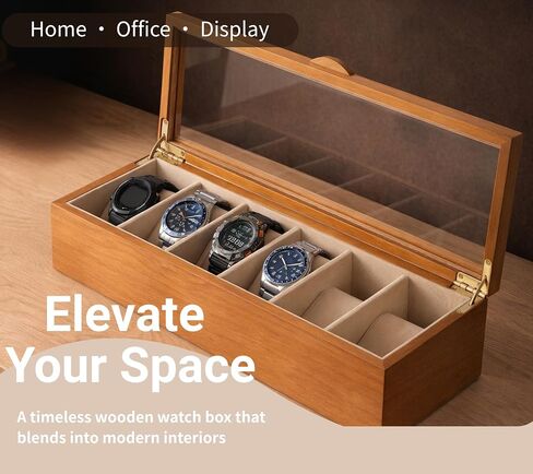 Clasin Home Watch Box for Men Women, 6 Slot Wooden Watch Display Case with Glass Lid, Vintage Style Watch Holder Organizer, Velvet Lining Scratch Resistant, Birthday Valentine Gifts in Saudi Arabia