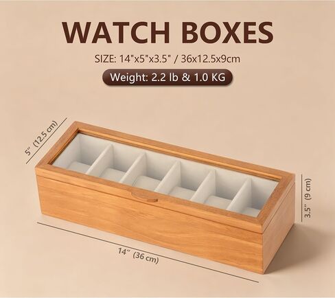 Clasin Home Watch Box for Men Women, 6 Slot Wooden Watch Display Case with Glass Lid, Vintage Style Watch Holder Organizer, Velvet Lining Scratch Resistant, Birthday Valentine Gifts in Saudi Arabia