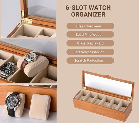 Clasin Home Watch Box for Men Women, 6 Slot Wooden Watch Display Case with Glass Lid, Vintage Style Watch Holder Organizer, Velvet Lining Scratch Resistant, Birthday Valentine Gifts in Saudi Arabia