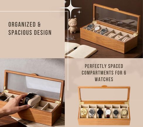 Clasin Home Watch Box for Men Women, 6 Slot Wooden Watch Display Case with Glass Lid, Vintage Style Watch Holder Organizer, Velvet Lining Scratch Resistant, Birthday Valentine Gifts in Saudi Arabia