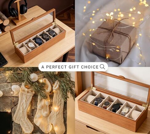 Clasin Home Watch Box for Men Women, 6 Slot Wooden Watch Display Case with Glass Lid, Vintage Style Watch Holder Organizer, Velvet Lining Scratch Resistant, Birthday Valentine Gifts in Saudi Arabia