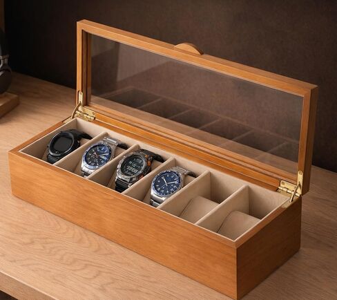 Clasin Home Watch Box for Men Women, 6 Slot Wooden Watch Display Case with Glass Lid, Vintage Style Watch Holder Organizer, Velvet Lining Scratch Resistant, Birthday Valentine Gifts in Saudi Arabia