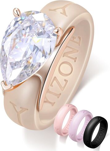 Silicone Ring with Stone Interchangeable Charm with Silicone Bands Set–Comfortable Everyday Workout Travel Ring, 4 Colors Included, Cubic Zirconia Pear Cut, Patent Pending Design in Saudi Arabia