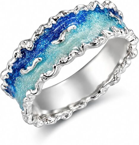 Ocean Wave Ring for Women Irregular Edge Silver Tone Ring Gradient Blue Enamel Nature Inspired Statement Beach Summer Vacation Jewelry in Kuwait