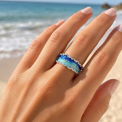 Ocean Wave Ring for Women Irregular Edge Silver Tone Ring Gradient Blue Enamel Nature Inspired Statement Beach Summer Vacation Jewelry in Kuwait