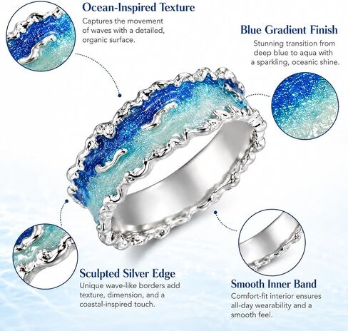 Ocean Wave Ring for Women Irregular Edge Silver Tone Ring Gradient Blue Enamel Nature Inspired Statement Beach Summer Vacation Jewelry in Kuwait