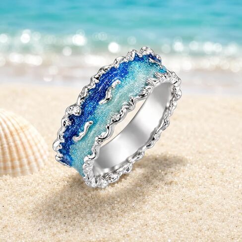 Ocean Wave Ring for Women Irregular Edge Silver Tone Ring Gradient Blue Enamel Nature Inspired Statement Beach Summer Vacation Jewelry in Kuwait