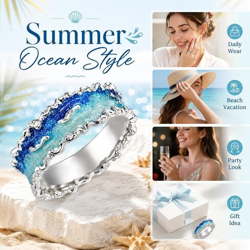 Ocean Wave Ring for Women Irregular Edge Silver Tone Ring Gradient Blue Enamel Nature Inspired Statement Beach Summer Vacation Jewelry in Kuwait