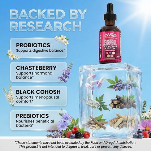 Liquid Probiotics for Women Drops with Chasteberry, Black Cohosh, Prebiotics, Digestive Enzymes, Evening Primrose Oil, Wild Yam, Cranberry Dmannose and Iron Vitamin D3 K2 Clean Nutra Bella Biotics in Kuwait