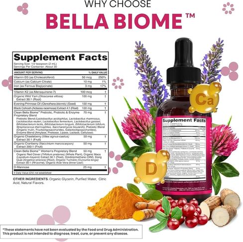 Liquid Probiotics for Women Drops with Chasteberry, Black Cohosh, Prebiotics, Digestive Enzymes, Evening Primrose Oil, Wild Yam, Cranberry Dmannose and Iron Vitamin D3 K2 Clean Nutra Bella Biotics in Kuwait