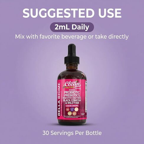 Liquid Probiotics for Women Drops with Chasteberry, Black Cohosh, Prebiotics, Digestive Enzymes, Evening Primrose Oil, Wild Yam, Cranberry Dmannose and Iron Vitamin D3 K2 Clean Nutra Bella Biotics in Kuwait