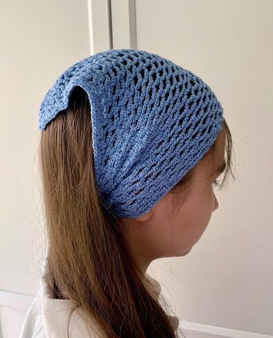 Handmade Crochet Bandana for Women, Blue Cotton Head Wrap, Boho Knit Head Scarf, Breathable Kerchief for Beach, Festival, Everyday Wear in Saudi Arabia