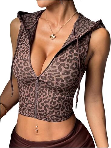 BEAUDRM Women's Leopard Workout Hooded Tank Top Y2k Cheetah Zipper Sleeveless Athletic Running Yoga Gym Cropped Shirts in Kuwait